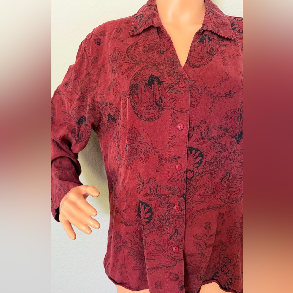 Tianello Red Paisley Blouse Women L Ramie Rayon Button Front Boho Made in USA